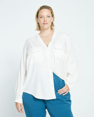 Cooling Stretch Cupro Button-Down Blouse - Cream