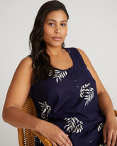 Henley Linen Tank - Beachgrass Print in Navy