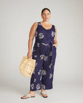 Matilda Linen Jumpsuit - Beachgrass Print in Navy