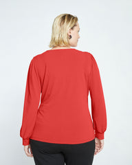 Crepe Jersey Gathered V-Neck Blouse - Vermilion Red