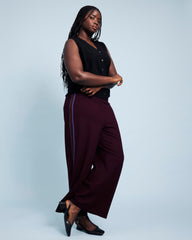 Stephanie Wide Leg Stripe Ponte Pants 30 Inch - Black Cherry with Green/Ultramarine Piping
