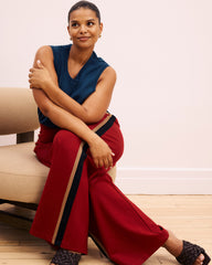 Stephanie Wide Leg Stripe Ponte Pants 30 Inch - Garnet with Camel/Black Stripe