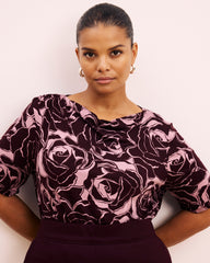 Louise Short Sleeve Liquid Jersey Top - Rose Print in Black Cherry
