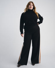 Stephanie Wide Leg Stripe Ponte Pants 30 Inch - Black with Ochre/White Stripe