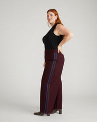 Stephanie Wide Leg Stripe Ponte Pants 30 Inch - Black Cherry with Green/Ultramarine Piping