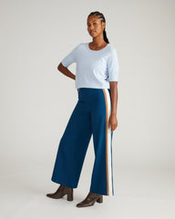 Stephanie Wide Leg Stripe Ponte Pants 30 Inch - Deep Teal with Camel/Ecru Stripe