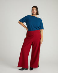 Stephanie Wide Leg Stripe Ponte Pants 30 Inch - Garnet with Camel/Black Stripe