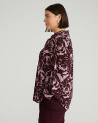 Moore Liquid Jersey Blouse - Rose Print in Black Cherry