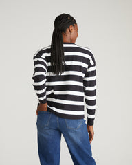 Long Sleeve Relaxed Tee - Black/White Stripe with Aqua Edge