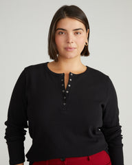 Henley Long Sleeve Ribbed Tee - Black