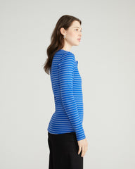 Henley Long Sleeve Ribbed Tee - Bright Blue/White Microstripe