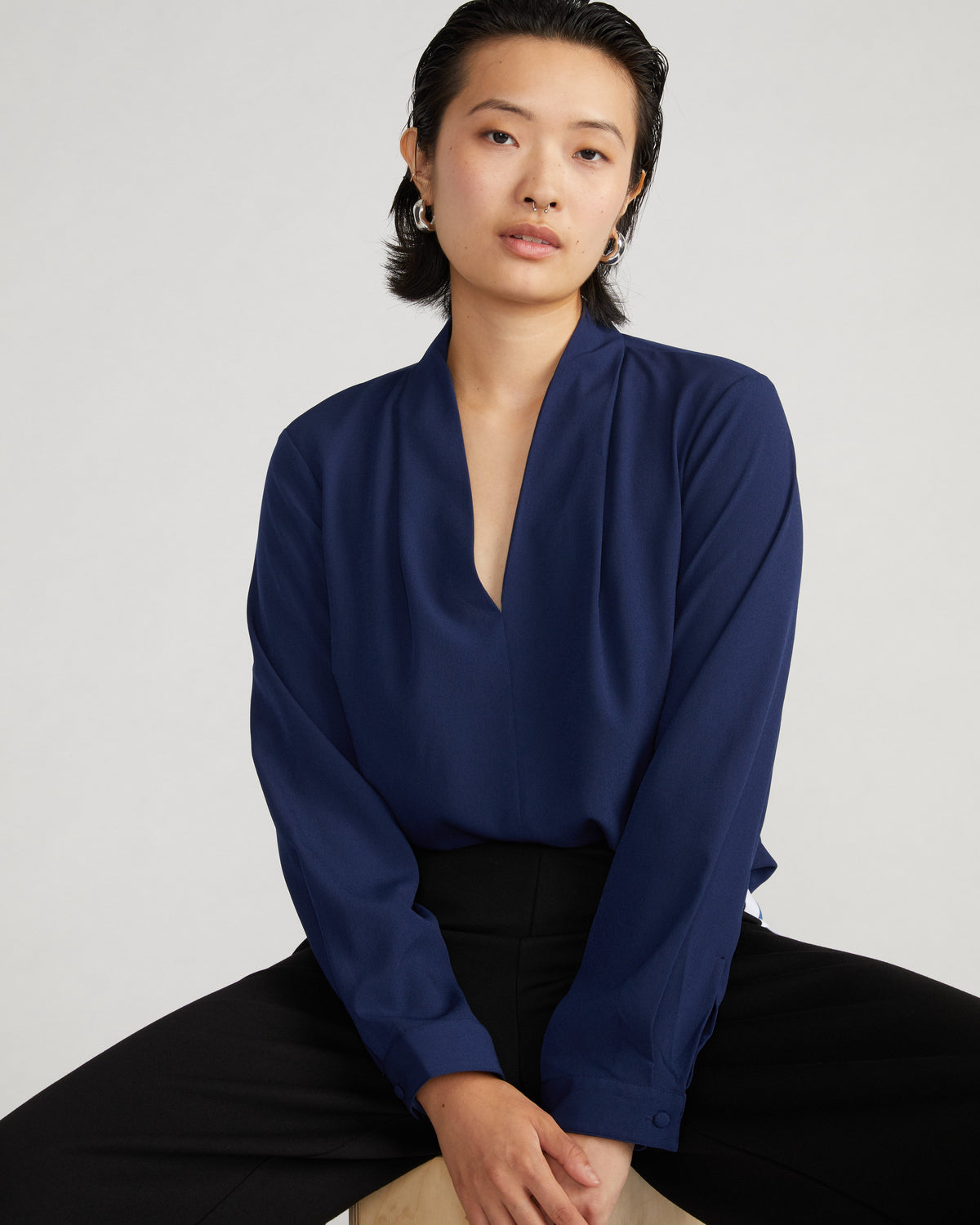 Better-Than-Silk Long Sleeve V-Neck Top - Brilliant Navy