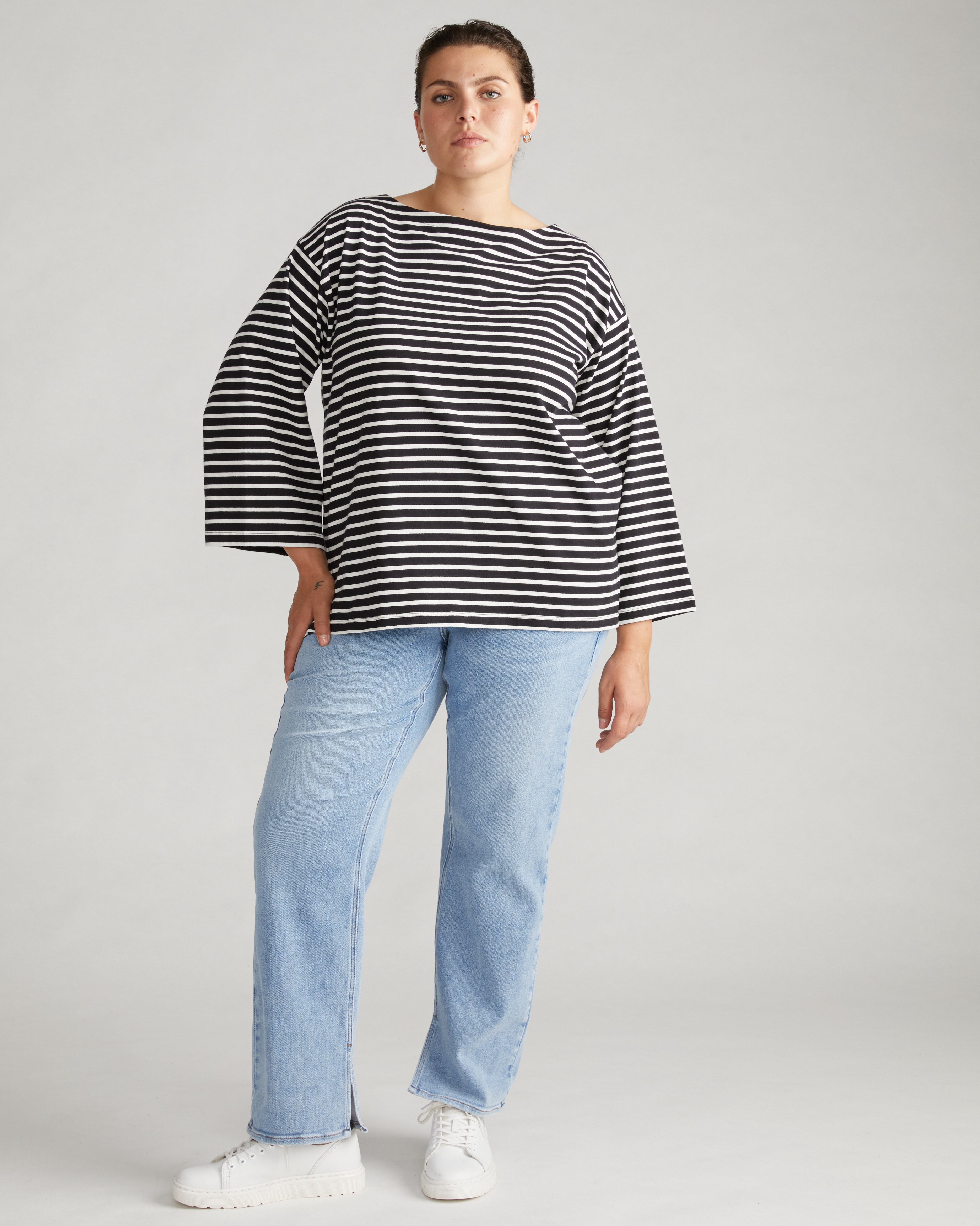 Montauk Breton Stripe Bell Sleeve Top - Black/White Stripe