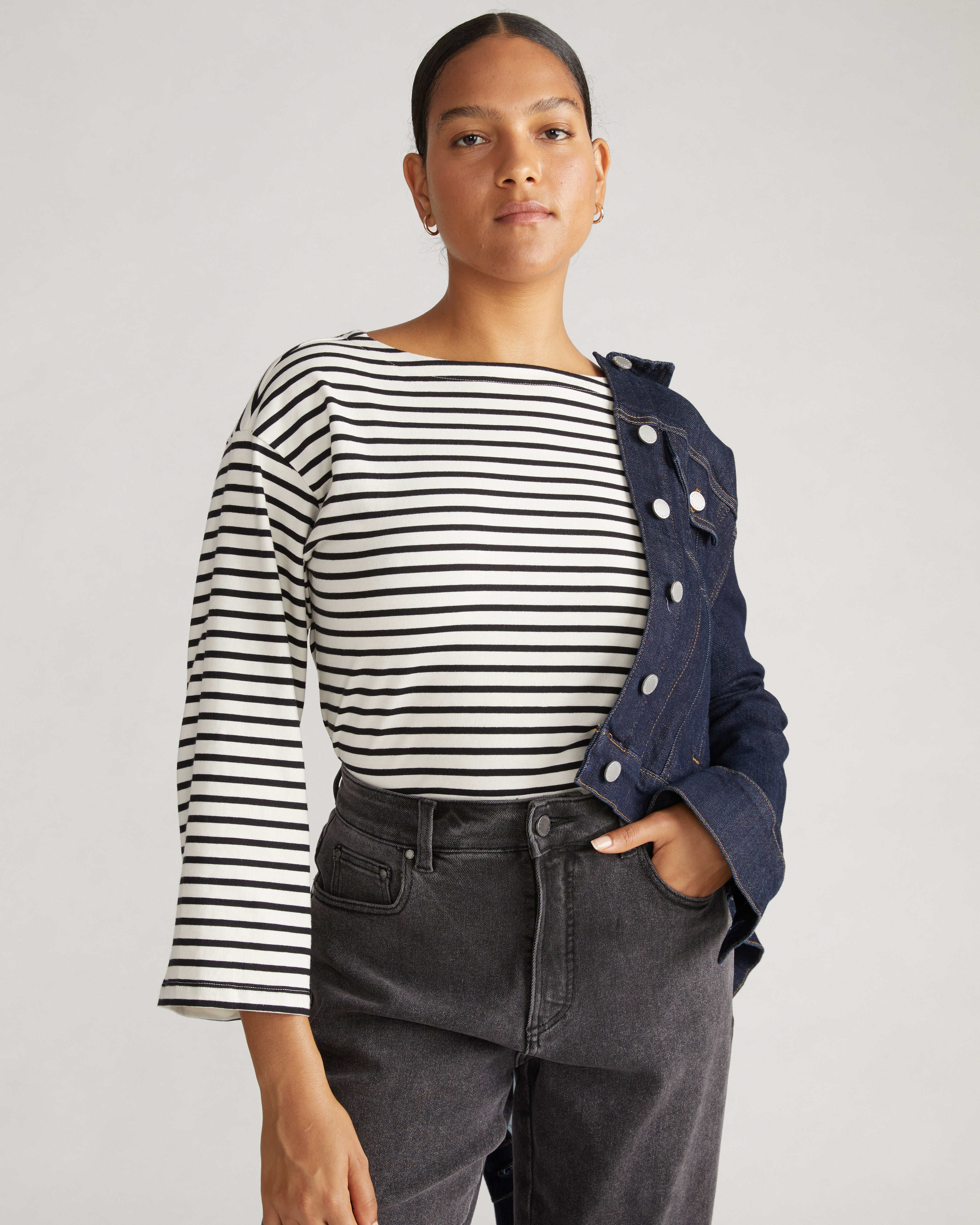 Montauk Breton Stripe Bell Sleeve Top - Ecru/Black Stripe