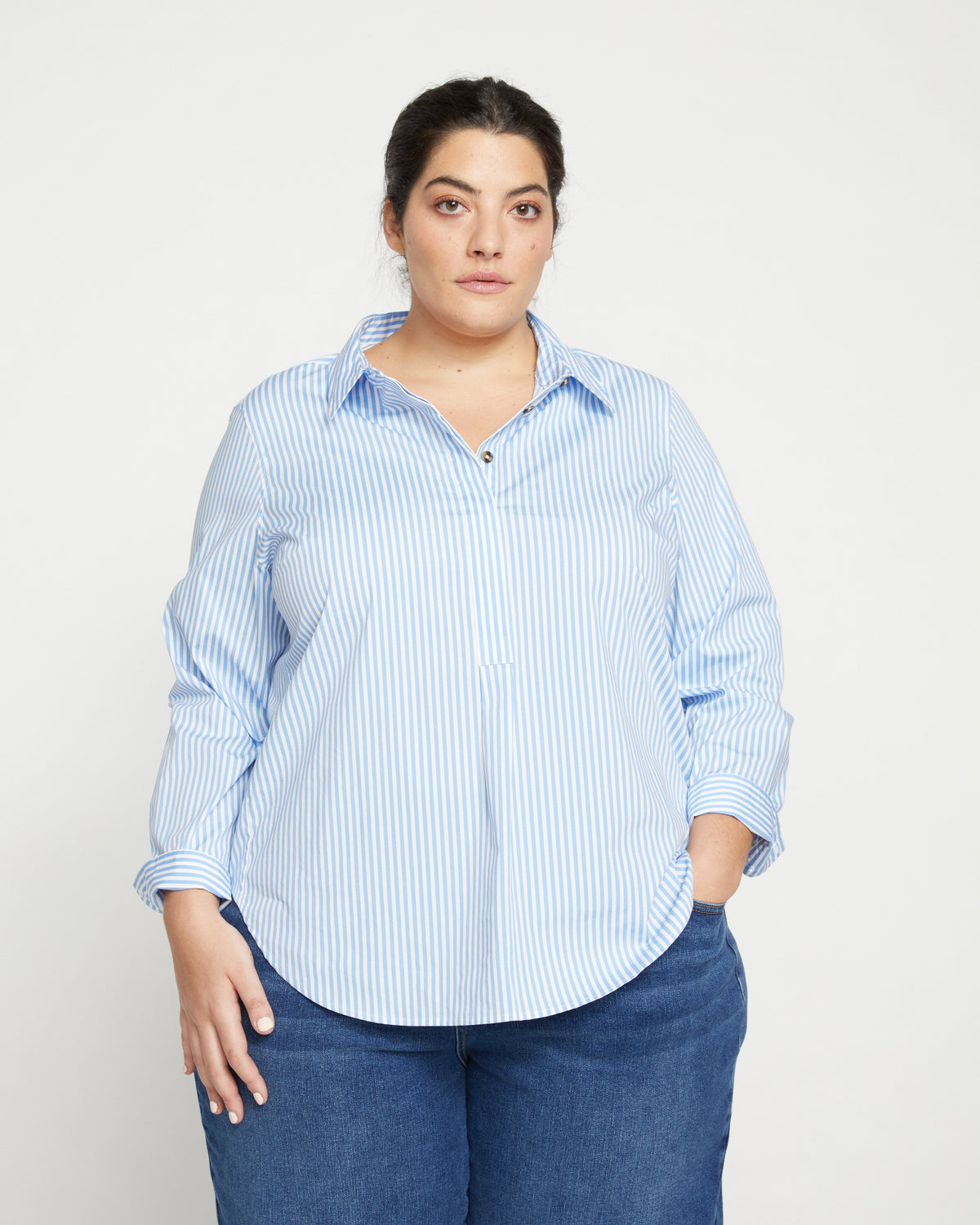 Elbe Popover Stretch Poplin Shirt Classic Fit - Blue/White Stripe