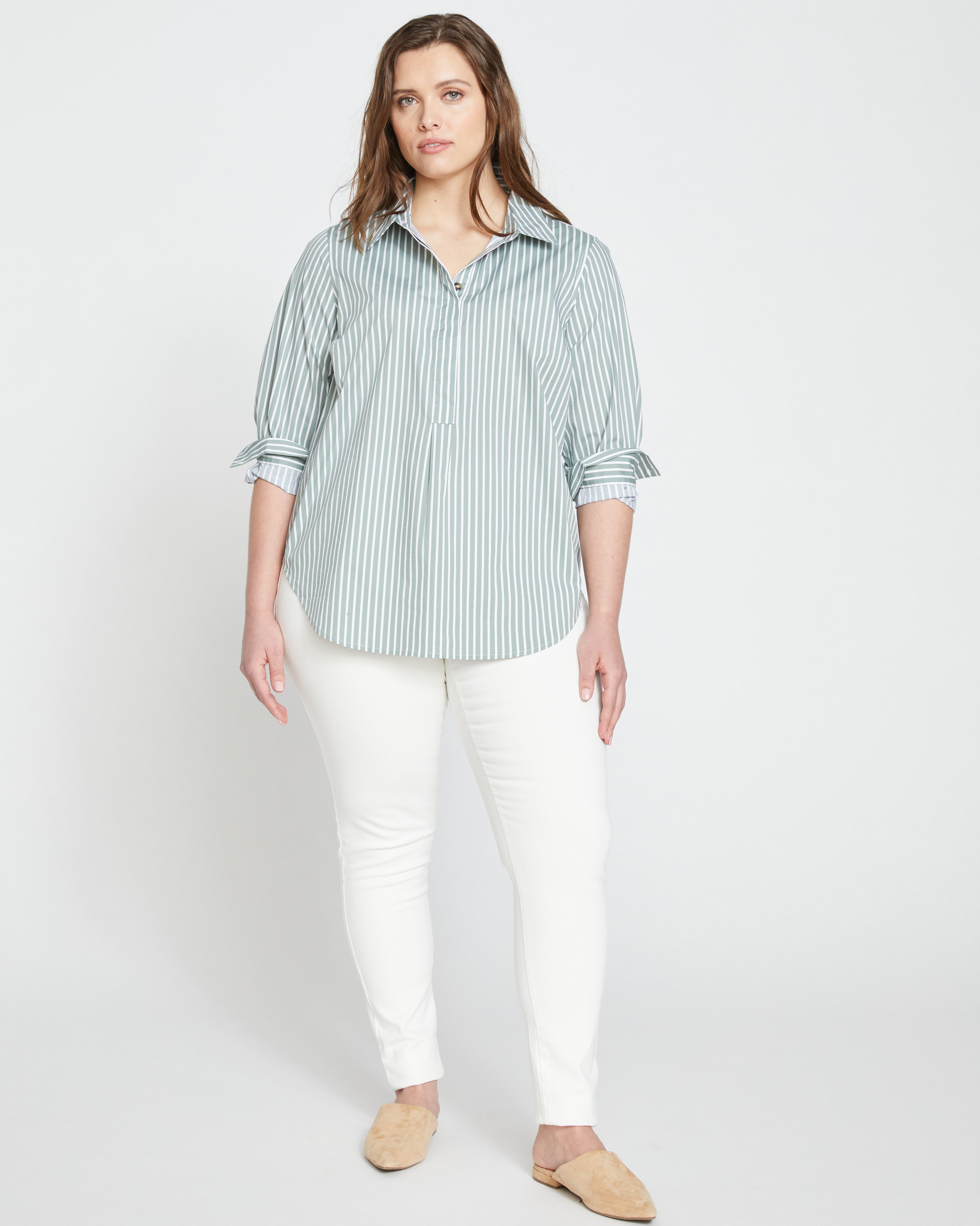 Elbe Popover Stretch Poplin Shirt Classic Fit - Sage/White