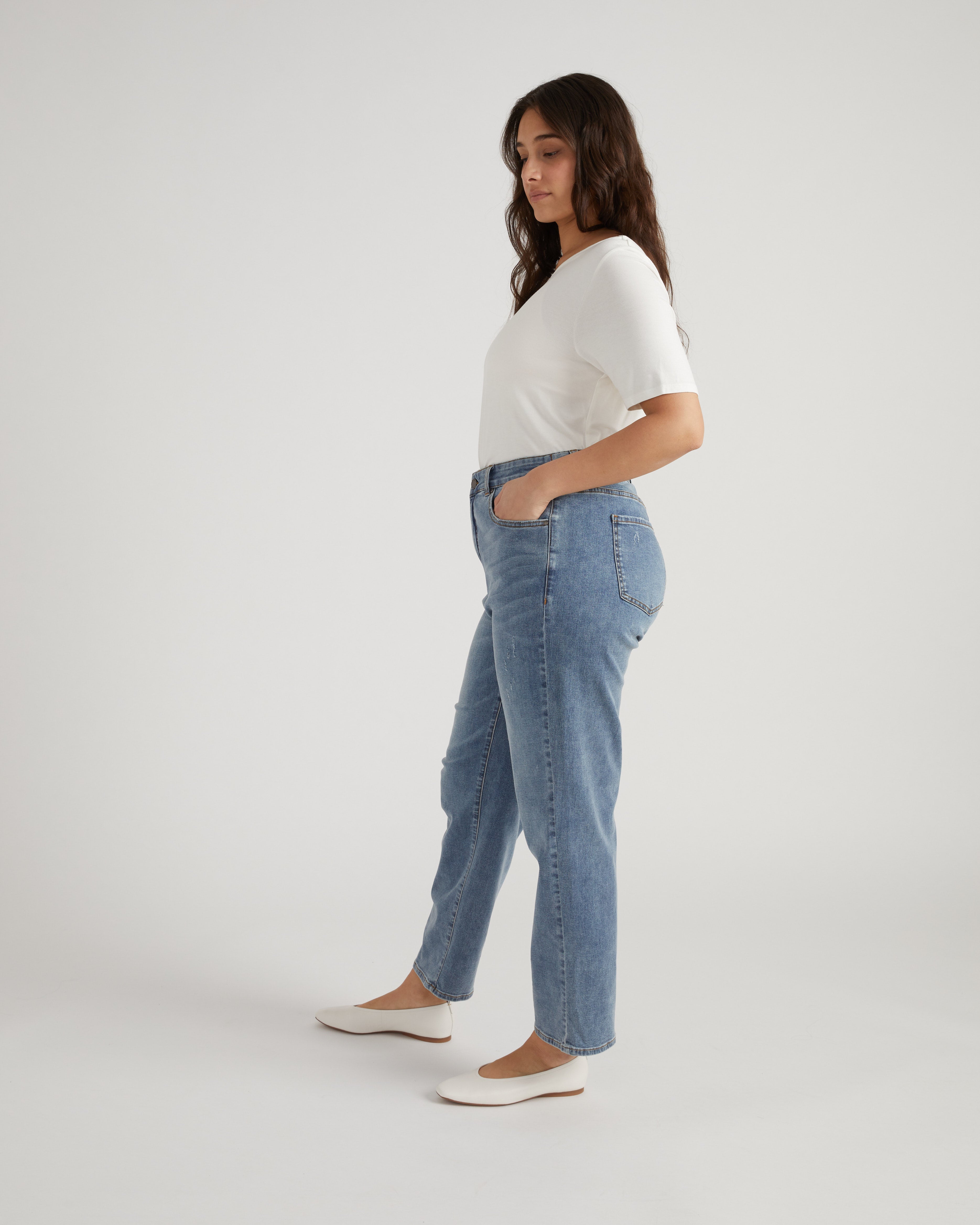 Ella High Rise Straight Leg Jeans - Distressed Washed Indigo