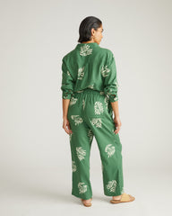 Iris Linen Easy Pull-On Pants - Beachgrass Print in Green