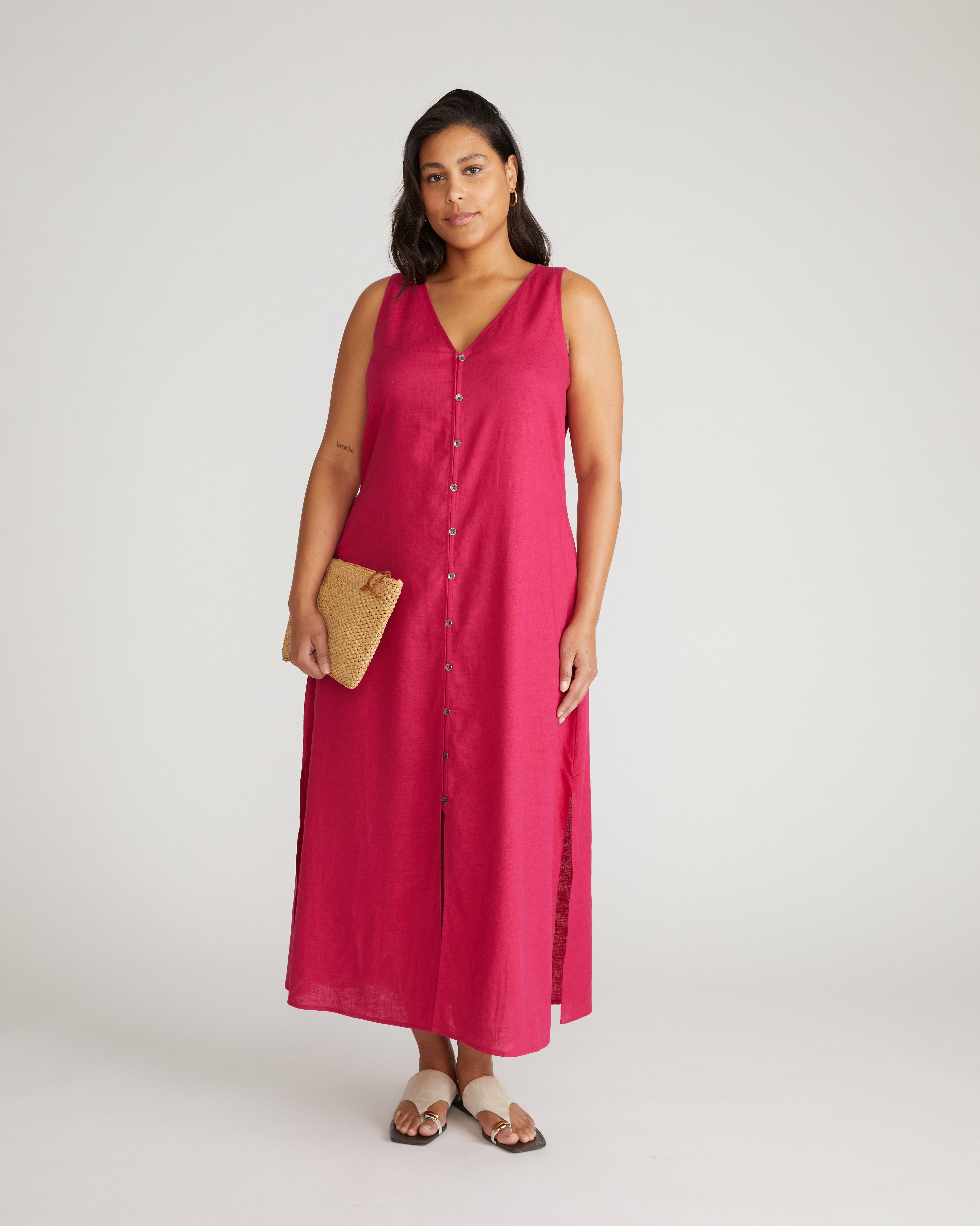 Islet Button-Down Linen Maxi Dress - Cerise