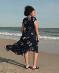 Sunset Linen Flounce Dress - Beachgrass Print in Navy
