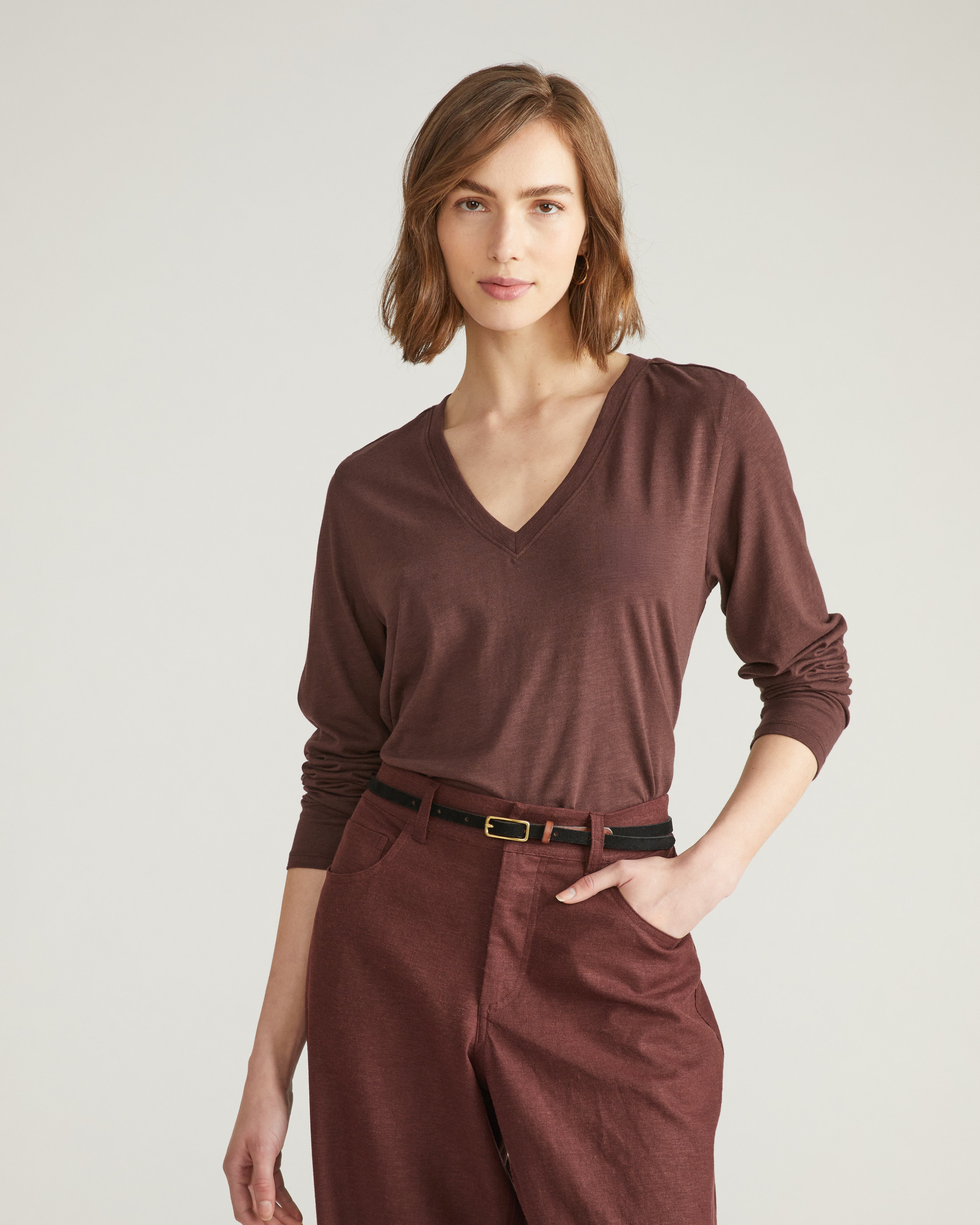 Light-As-Air Long Sleeve V Neck Tee - Brulee