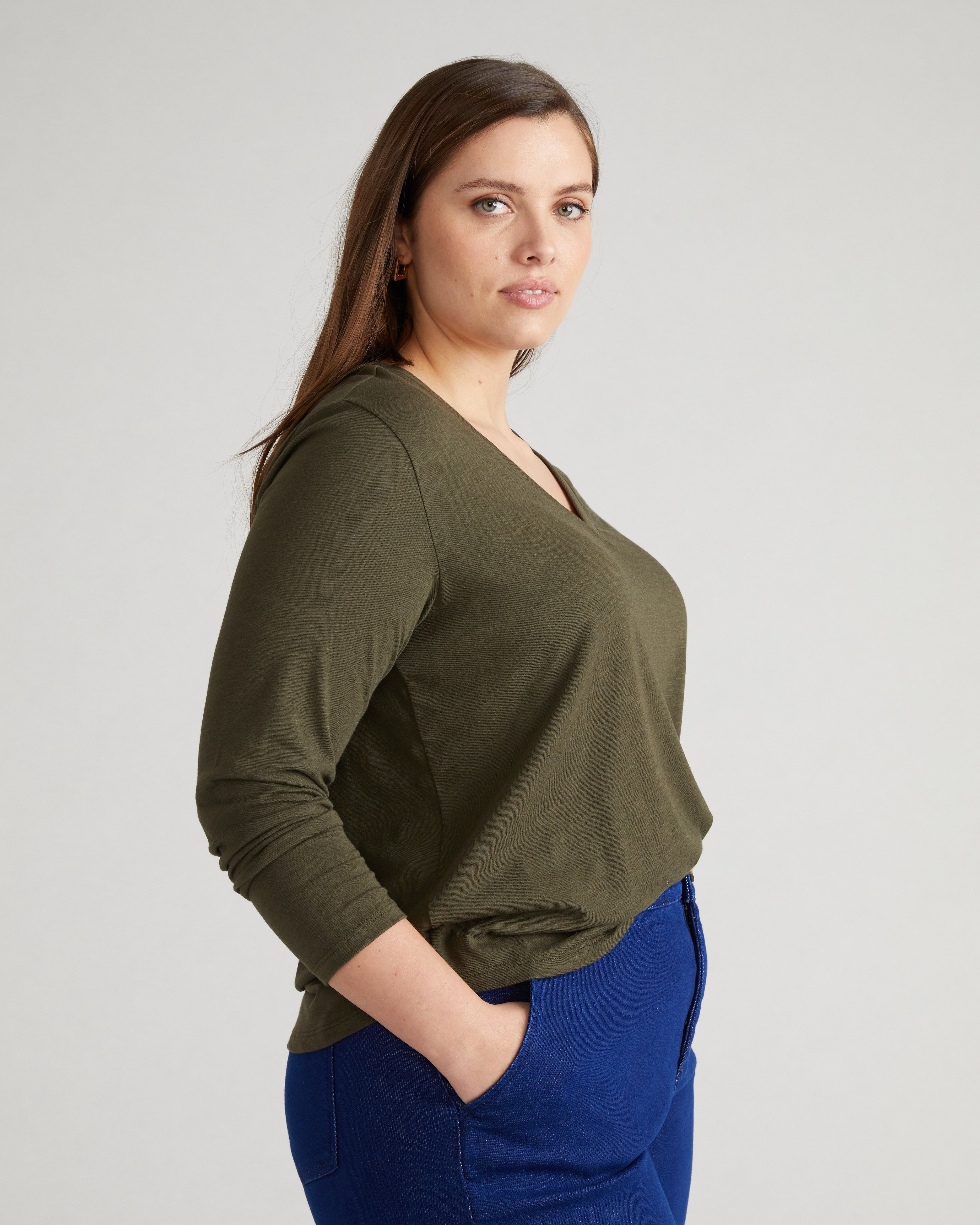 Light-As-Air Long Sleeve V Neck Tee - Nori