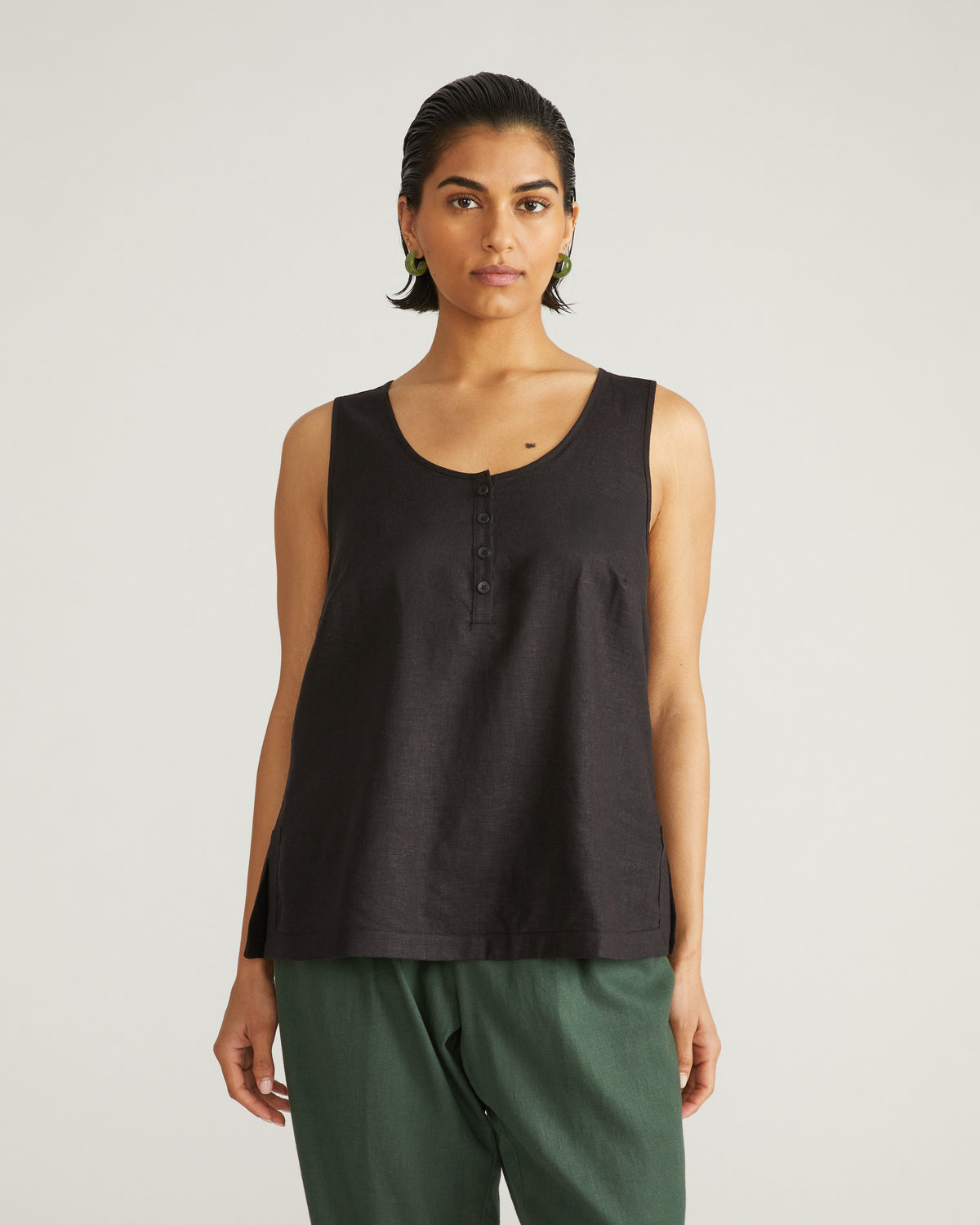 Henley Linen Tank - Black
