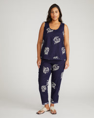 Henley Linen Tank - Beachgrass Print in Navy
