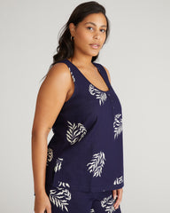 Henley Linen Tank - Beachgrass Print in Navy