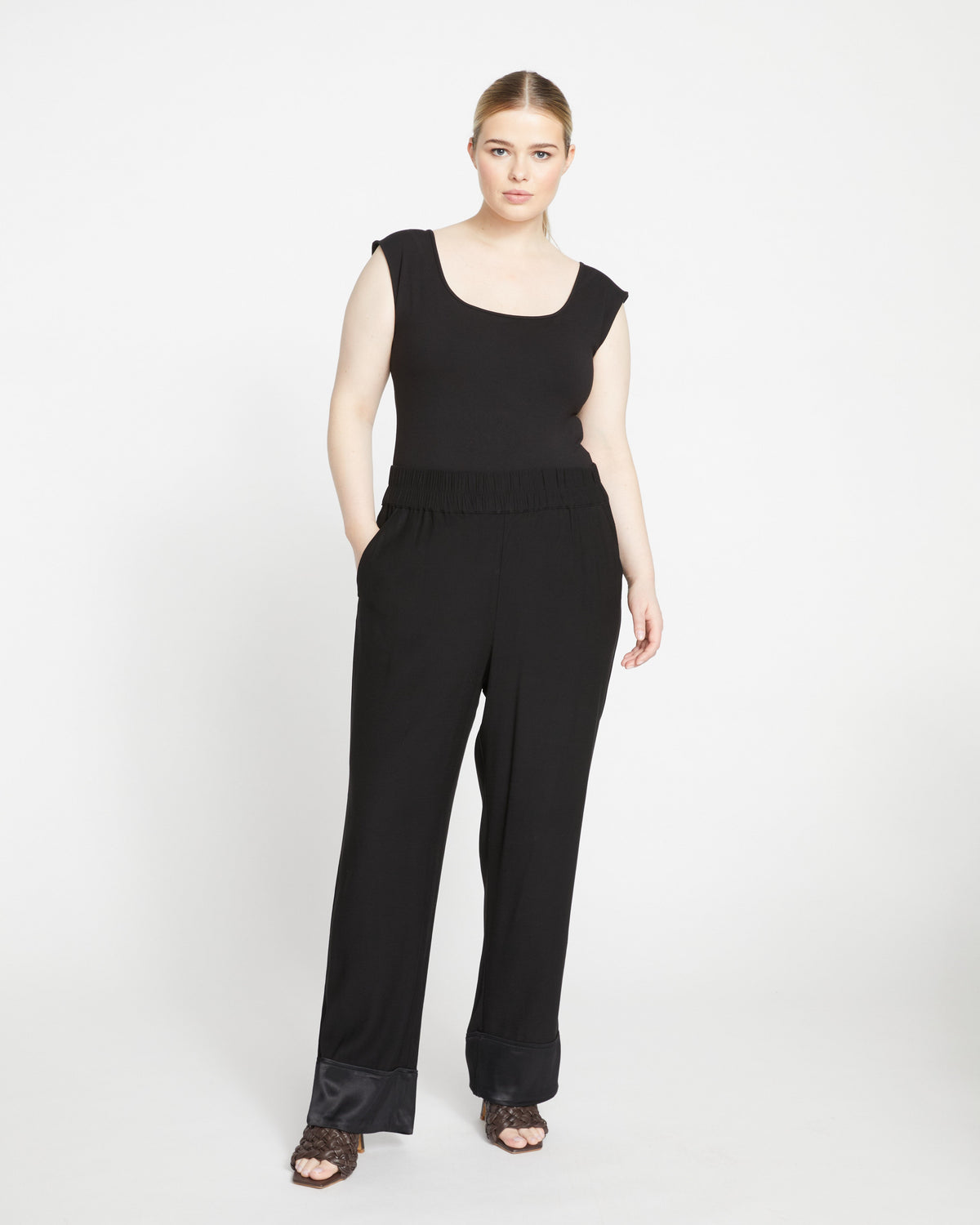 Soiree Double Luxe Pull-On Pants - Black/Black Shine