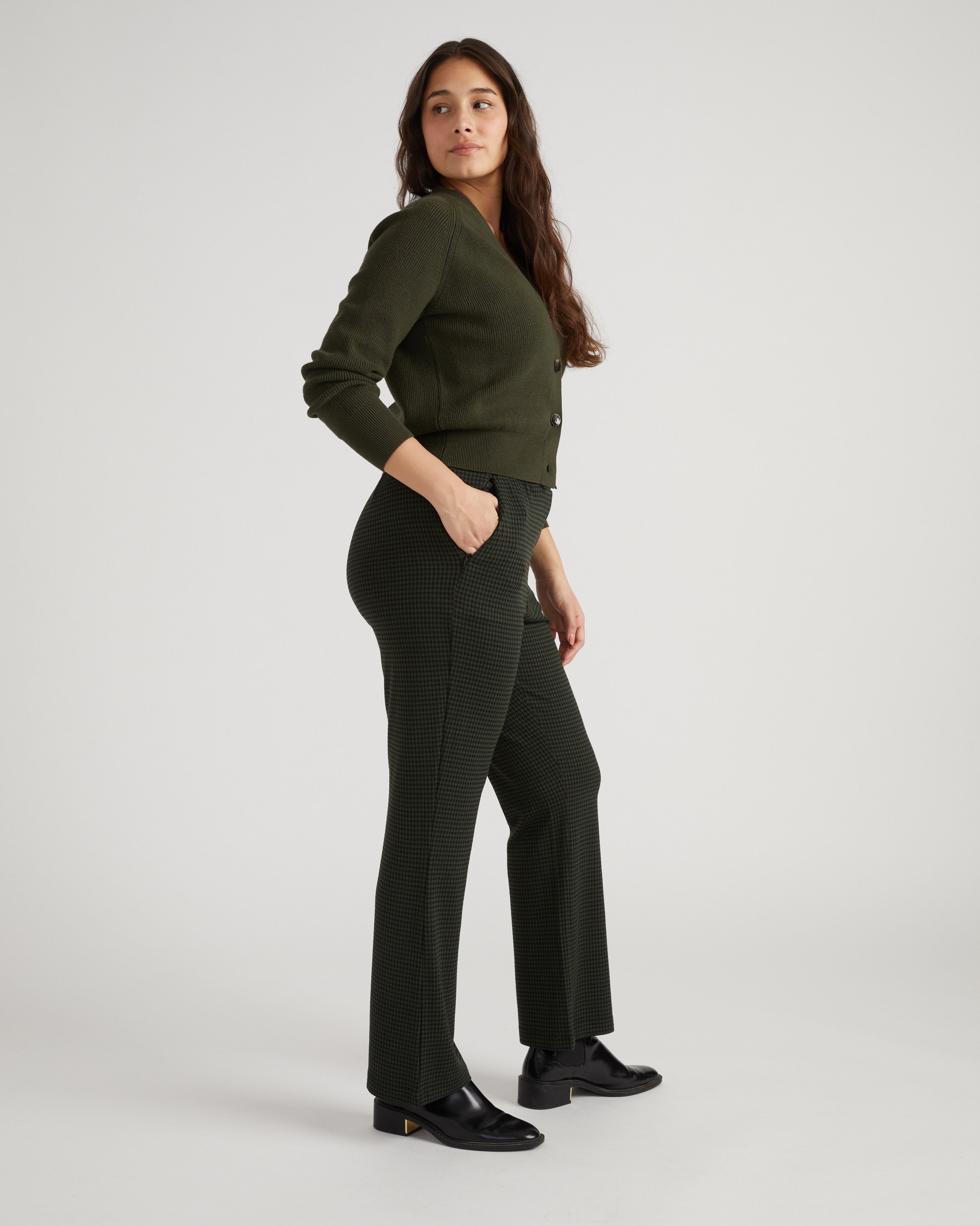 Pull On Bootcut Ponte Pants - Forest Houndstooth