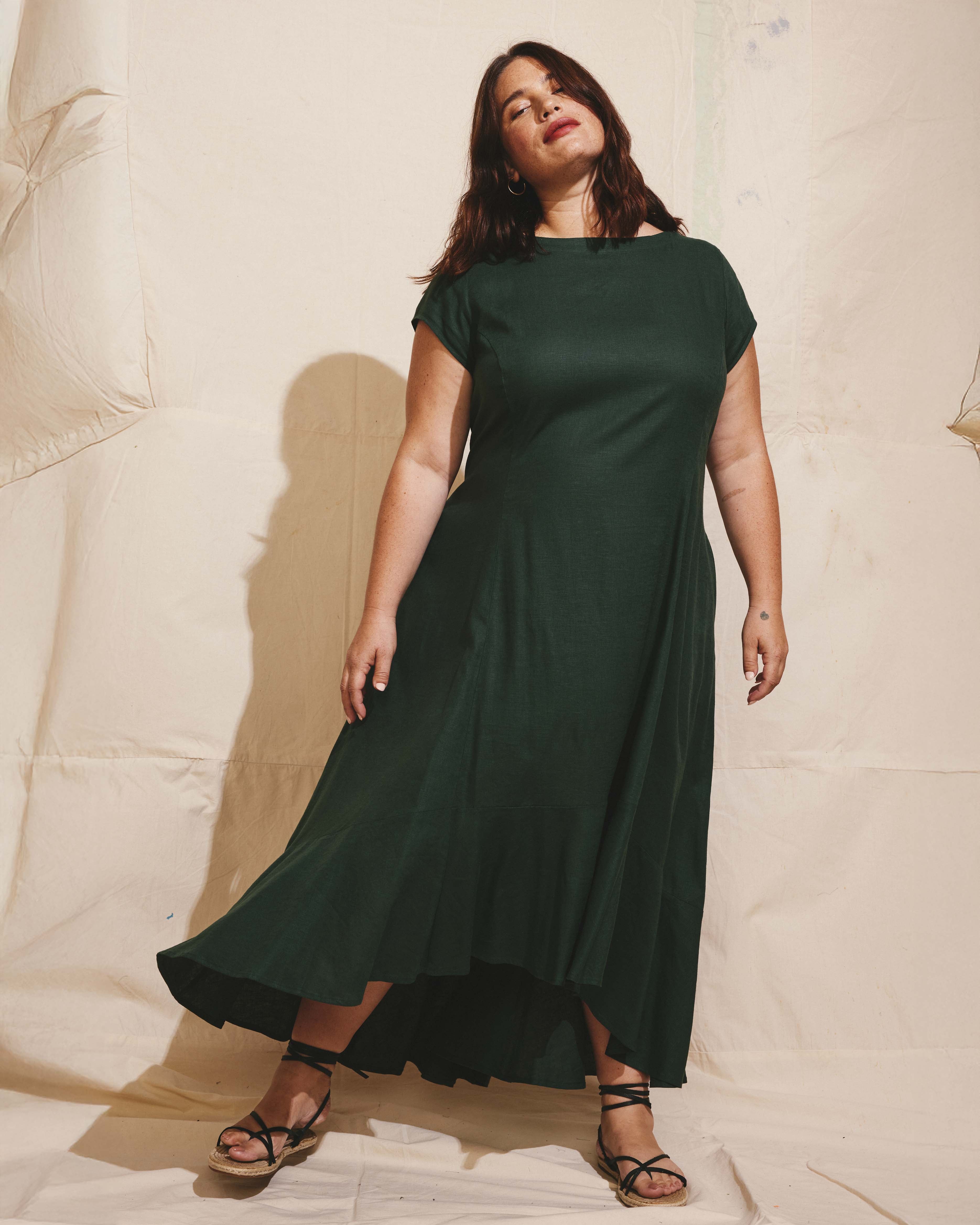 Sunset Linen Flounce Dress - Luscious Green