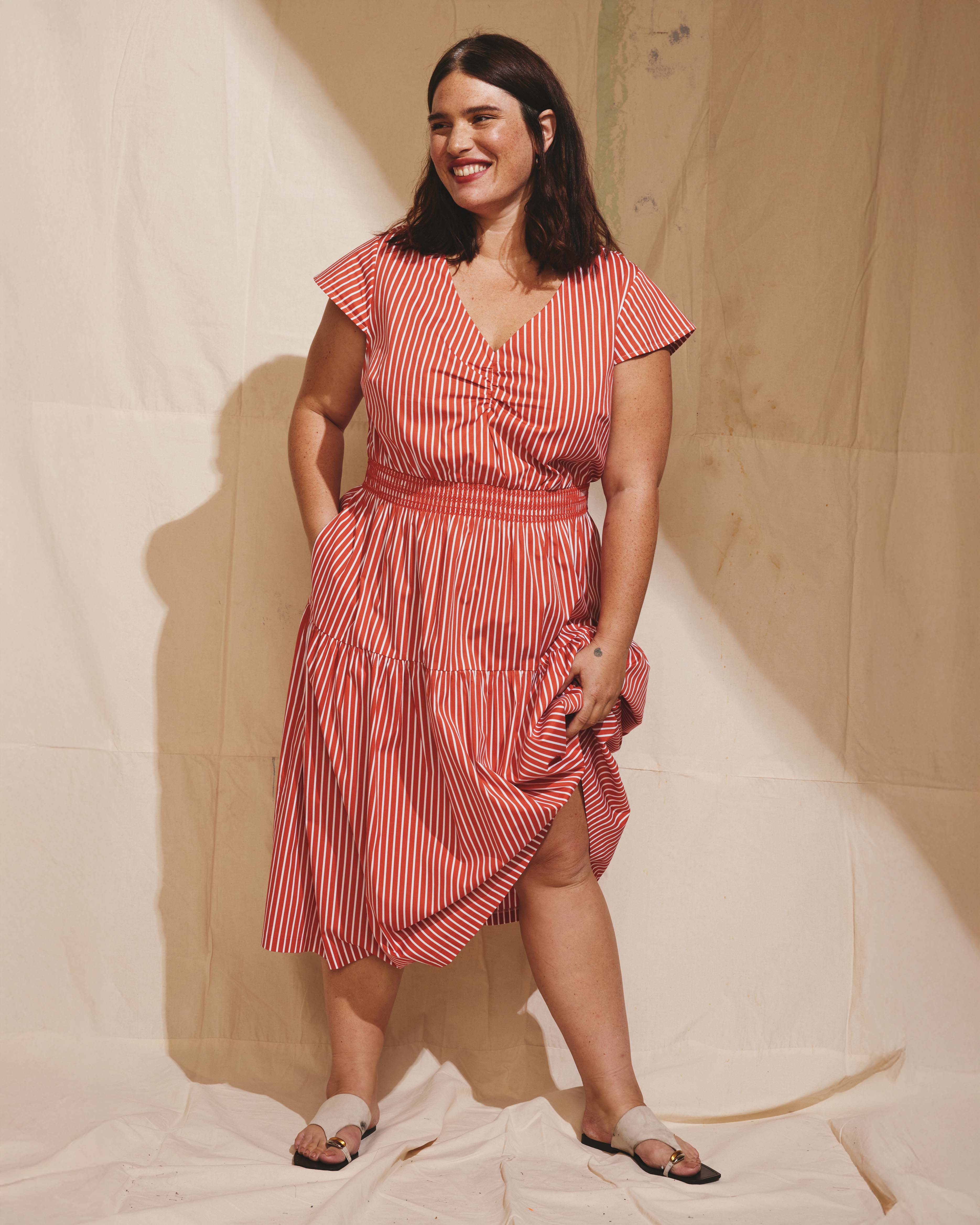 Ambroeus Smocked Poplin Dress - Coral Reef/White Stripe