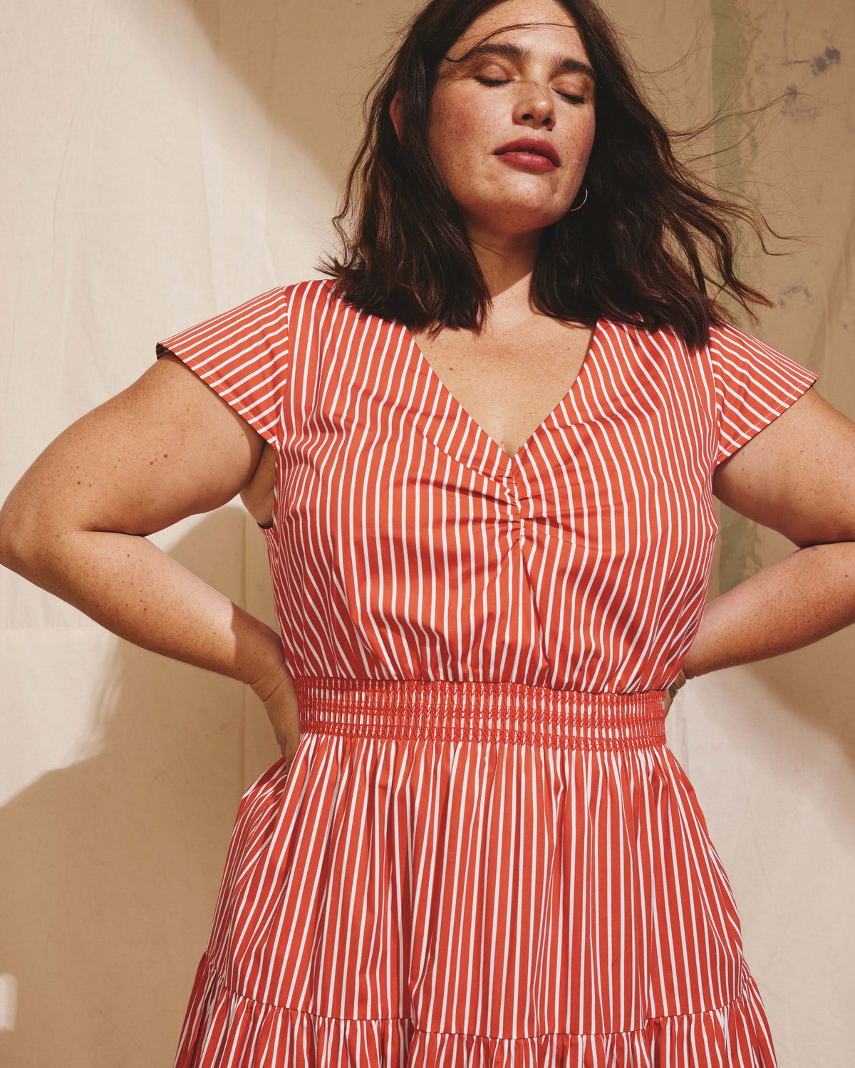 Ambroeus Smocked Poplin Dress - Coral Reef/White Stripe