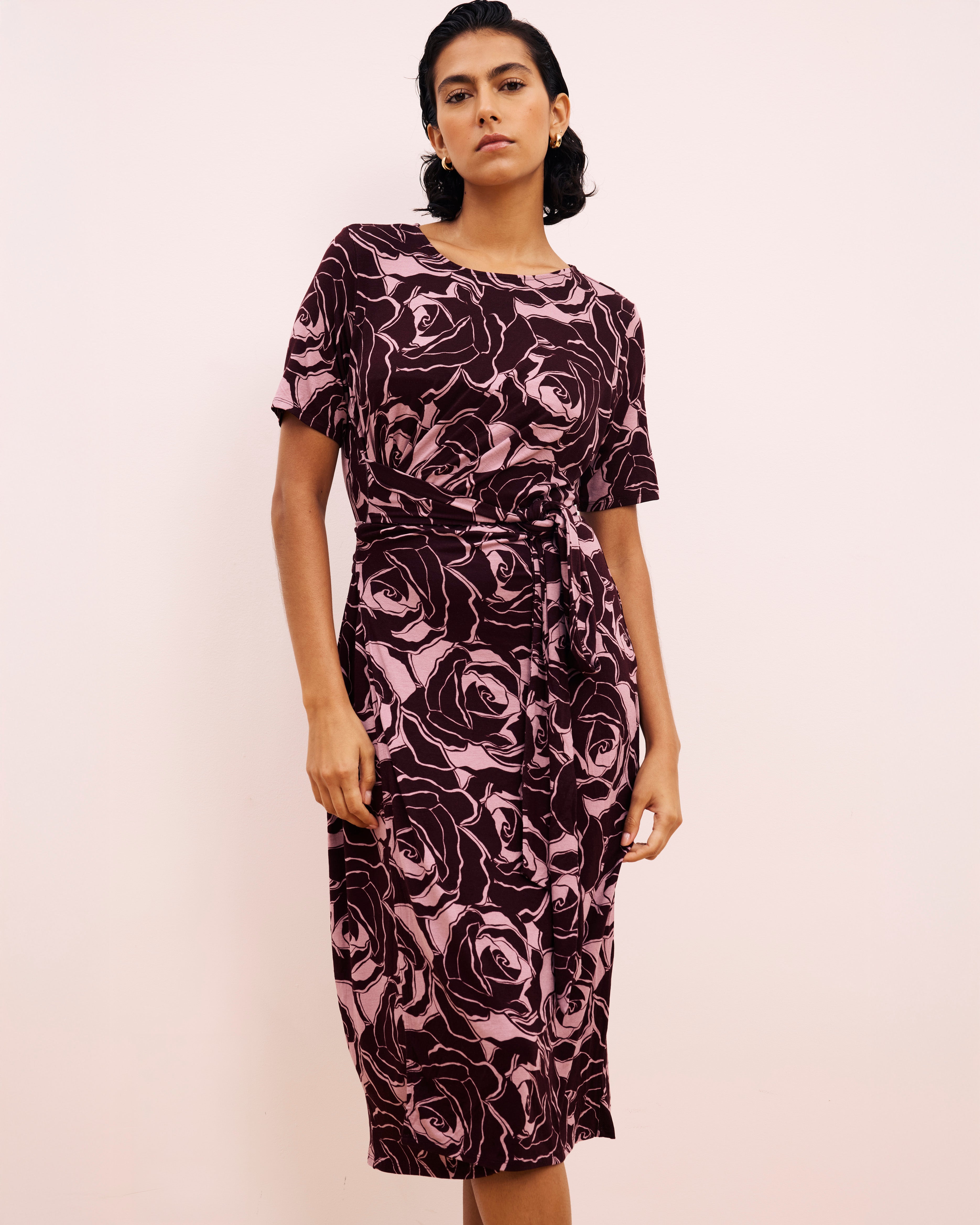 Delilah Liquid Jersey Dress - Rose Print in Black Cherry