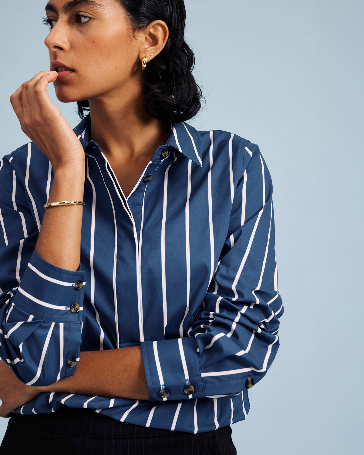 Elbe Popover Stretch Poplin Shirt Classic Fit - Ensign Blue/White Stripe