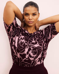 Louise Short Sleeve Liquid Jersey Top - Rose Print in Black Cherry