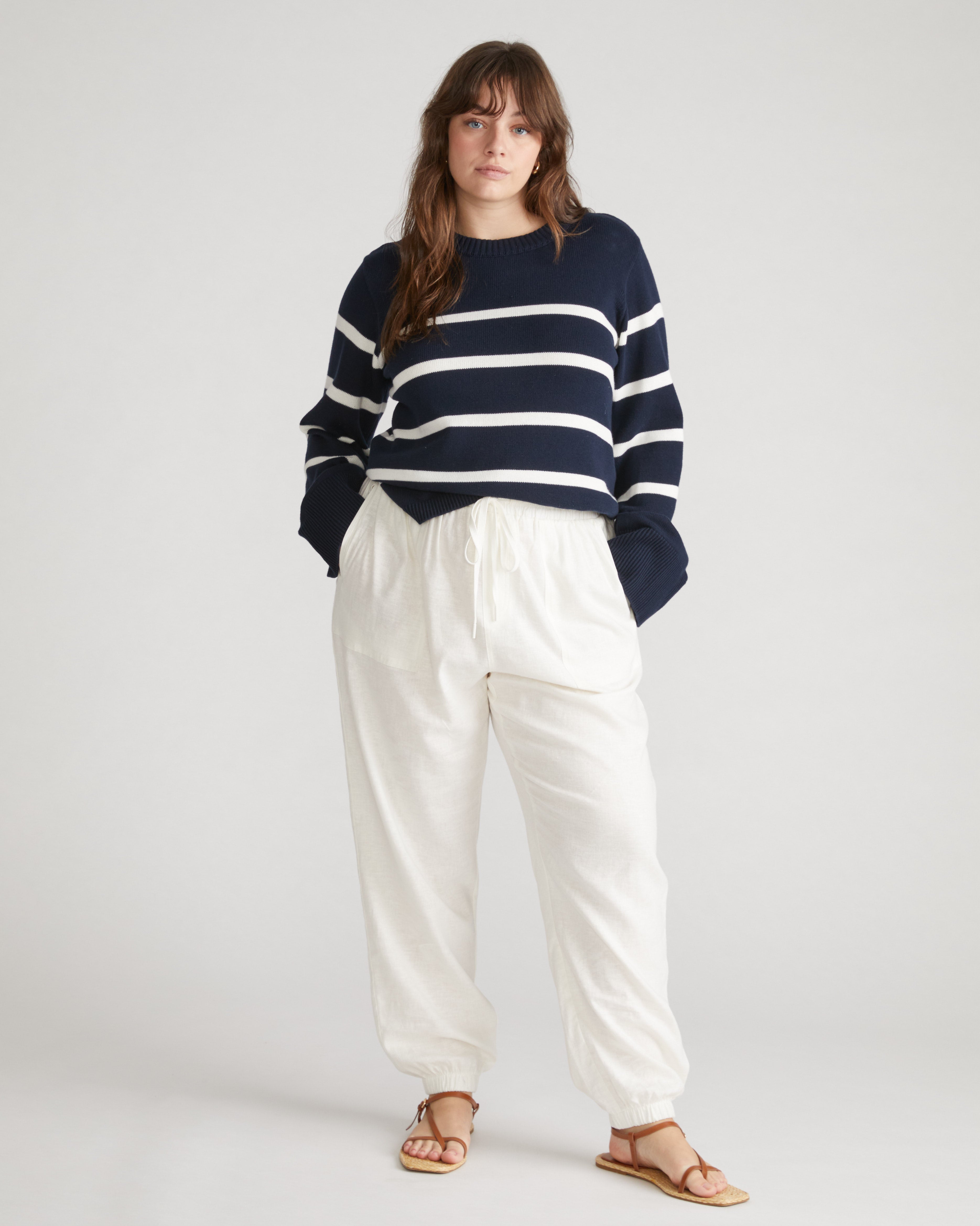Bardot Wide Sleeve Cotton Sweater - Navy/White