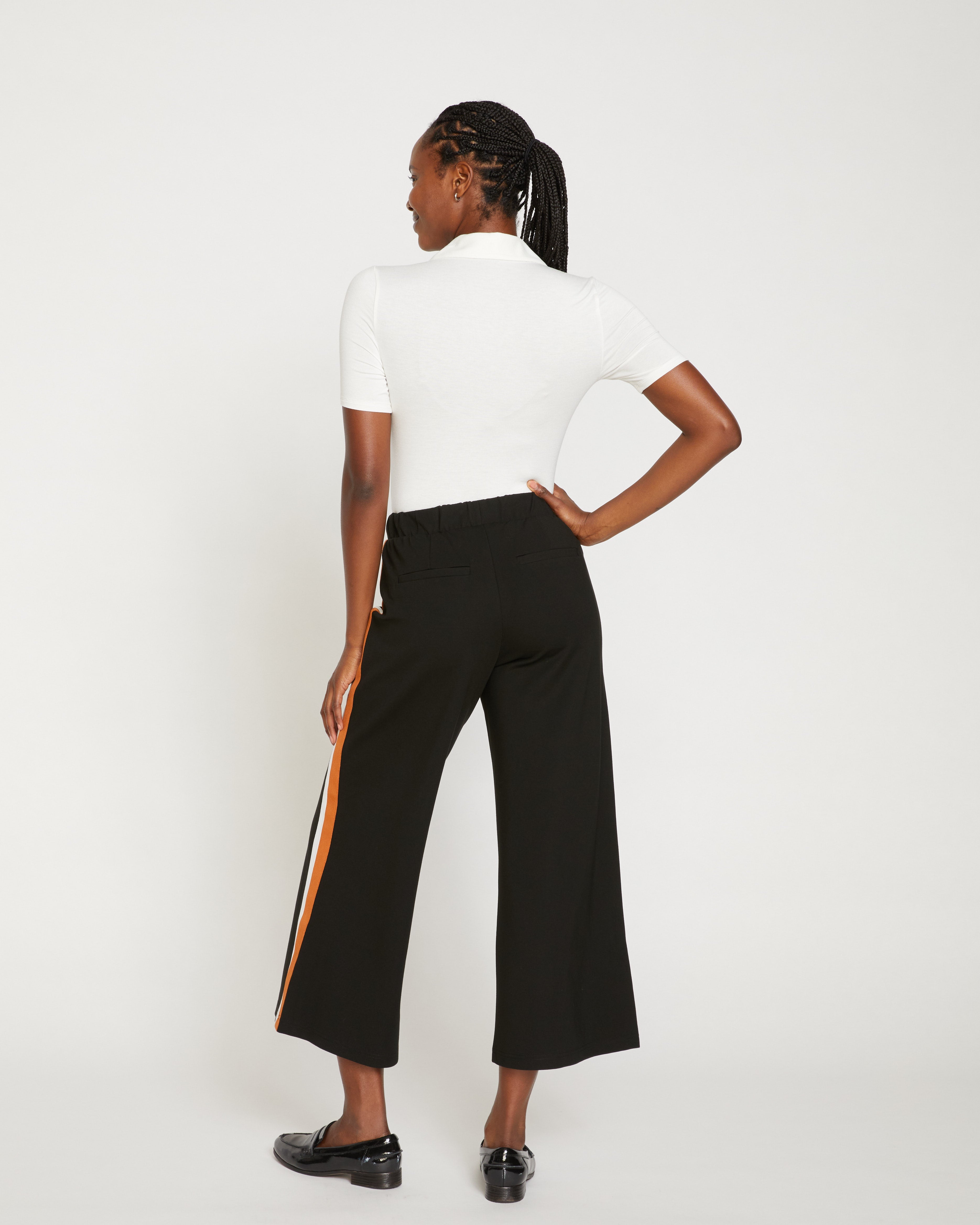 Stephanie Wide Leg Stripe Ponte Pants 27 Inch - Black with Ochre/White Stripe