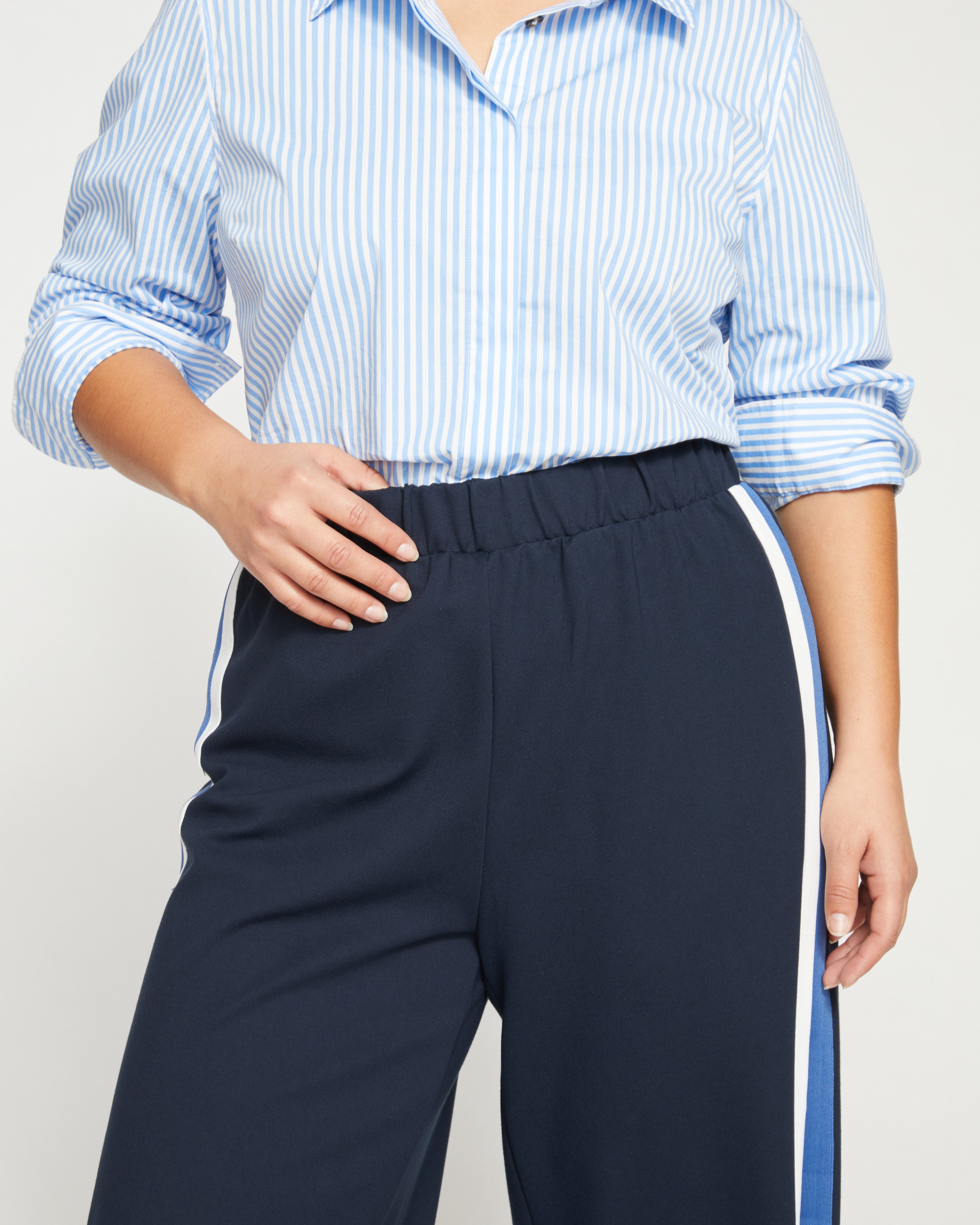 Stephanie Wide Leg Stripe Ponte Pants 27 Inch - Navy with Blue/White Stripe