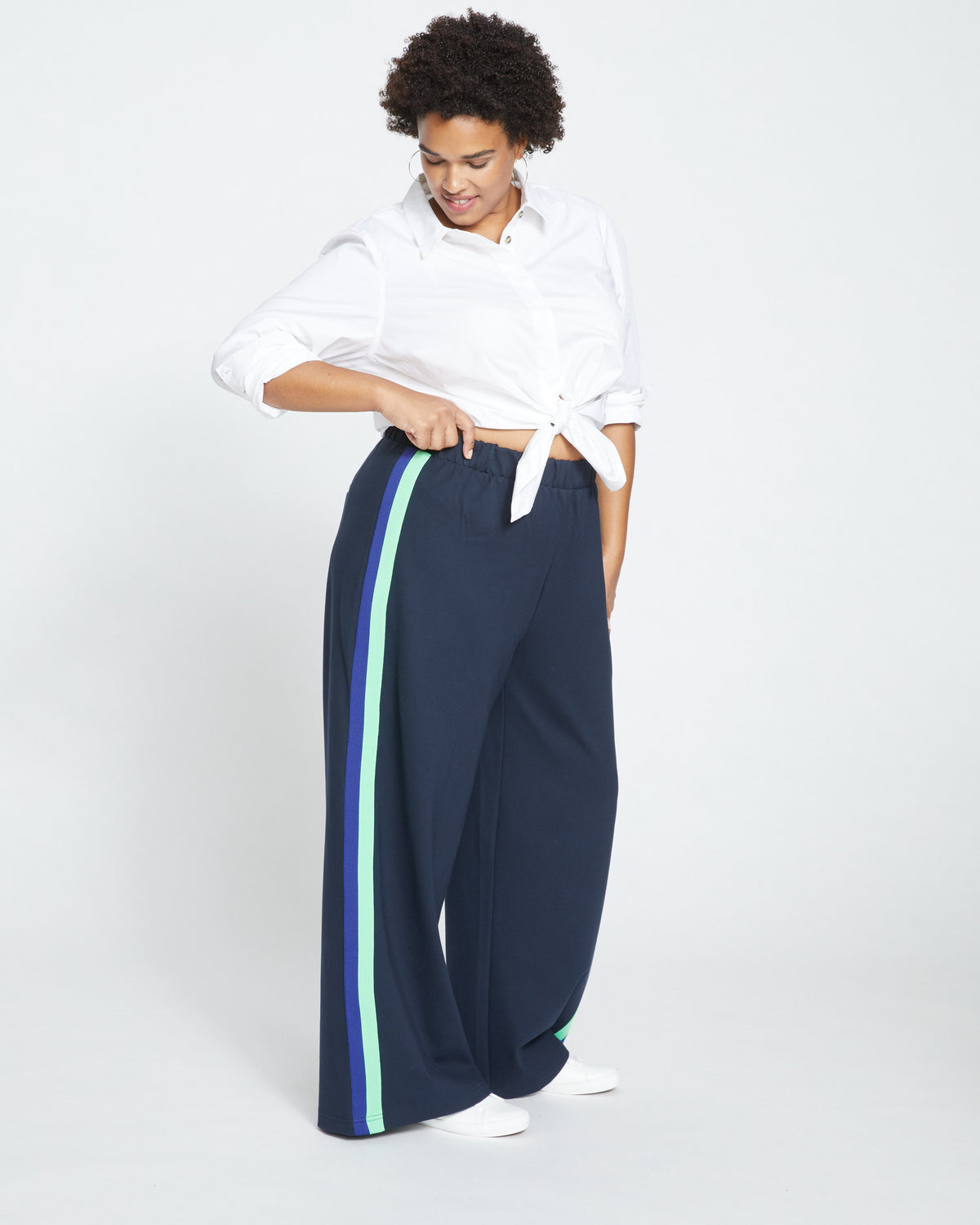 Stephanie Wide Leg Stripe Ponte Pants 30 Inch - Navy with Absinthe/Navy Stripe