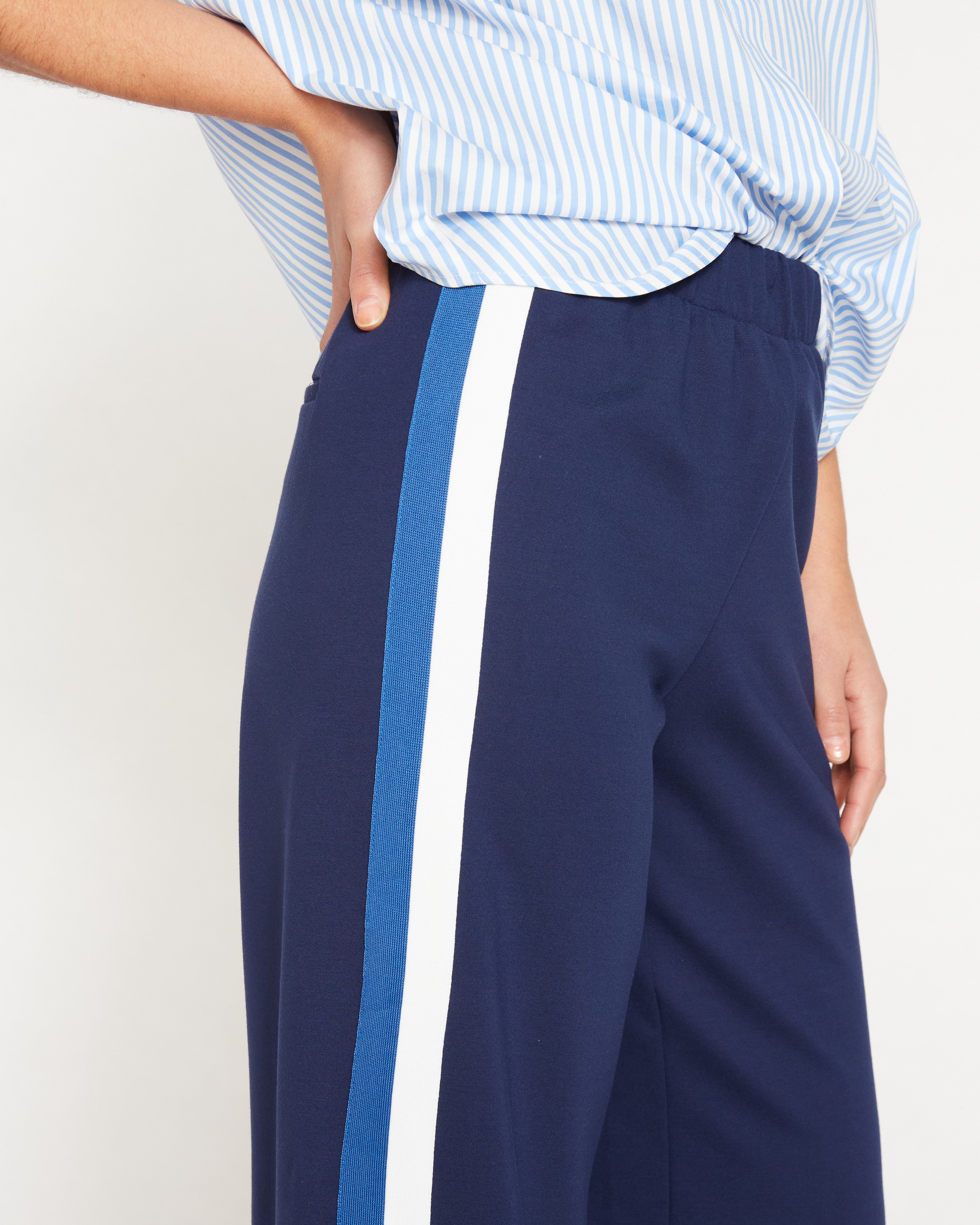 Stephanie Wide Leg Stripe Ponte Pants 30 Inch - Navy with Blue/White Stripe
