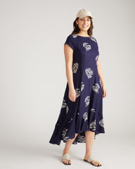 Sunset Linen Flounce Dress - Beachgrass Print in Navy