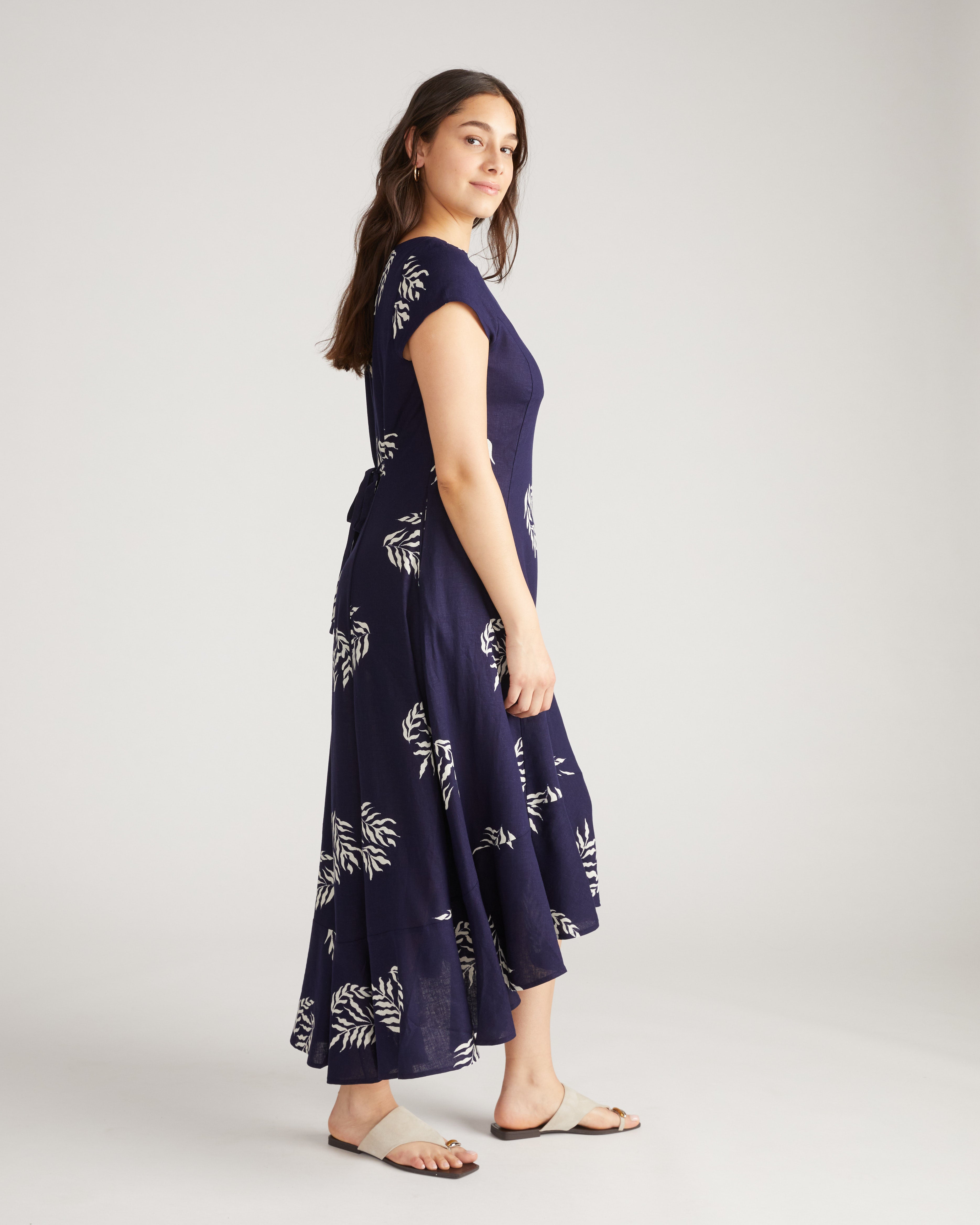 Sunset Linen Flounce Dress - Beachgrass Print in Navy