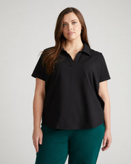Varsity French Terry Polo Top - Black