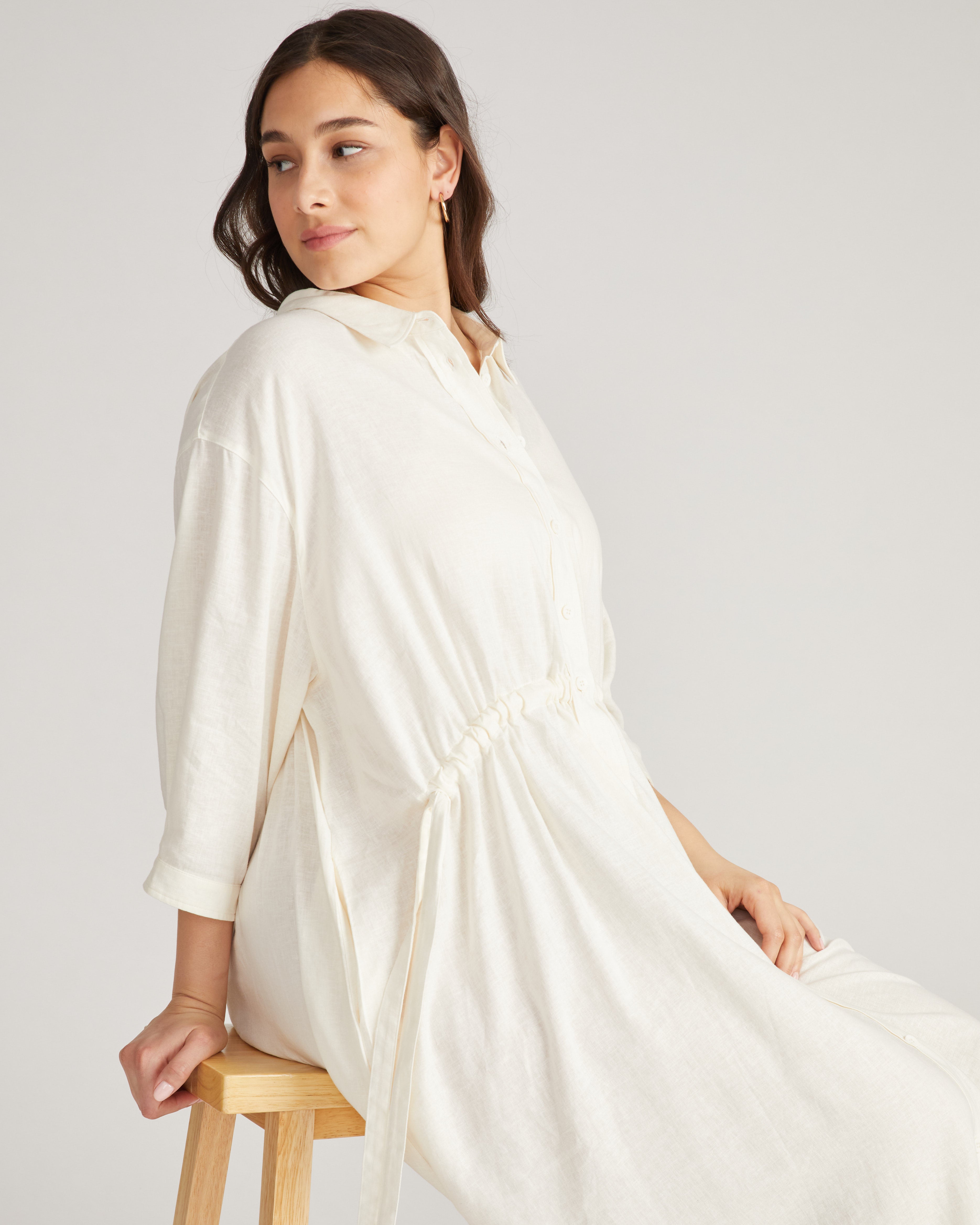 Paros Drawstring Linen Shirtdress - White