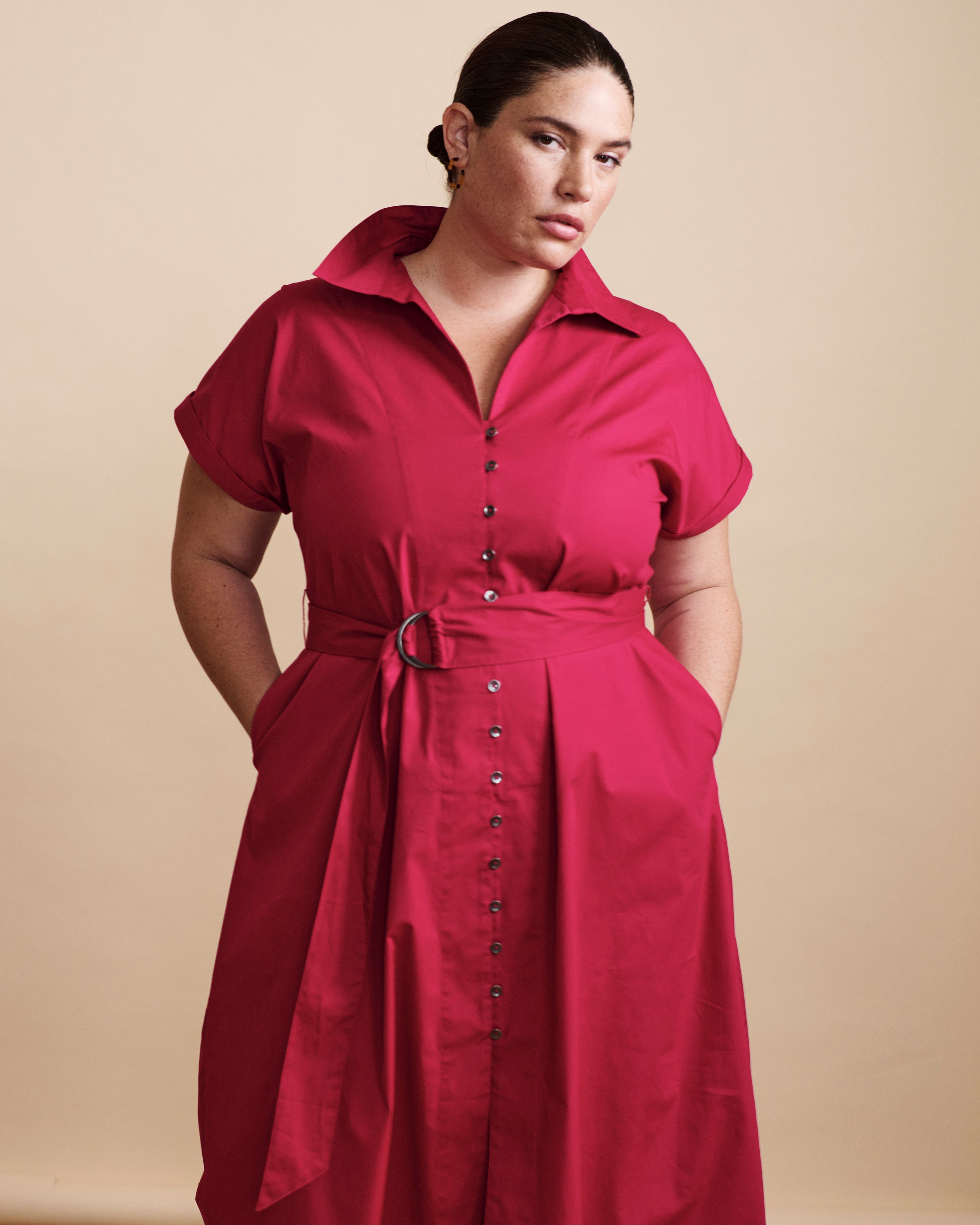 Sandy Stretch Poplin Shirtdress - Cerise