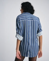 Button Back Stretch Cupro Polo Shirt - Ensign Blue/White Stripe