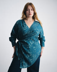 Beacon Stretch Cupro Wrap Shirt - Rose Print in Deep Teal