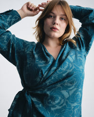 Beacon Stretch Cupro Wrap Shirt - Rose Print in Deep Teal